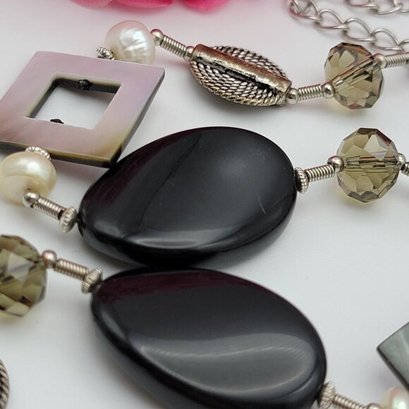 Premier Designs Black And Silver Pearl And Mop Geometric Link  Necklace 33" - Picture 6 of 8